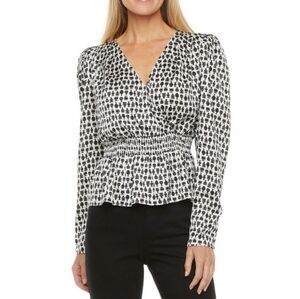 RYEGRASS V-Neck, Long Sleeve, Elastic Waist, Peplum Blouse, Perfume Bottle Print